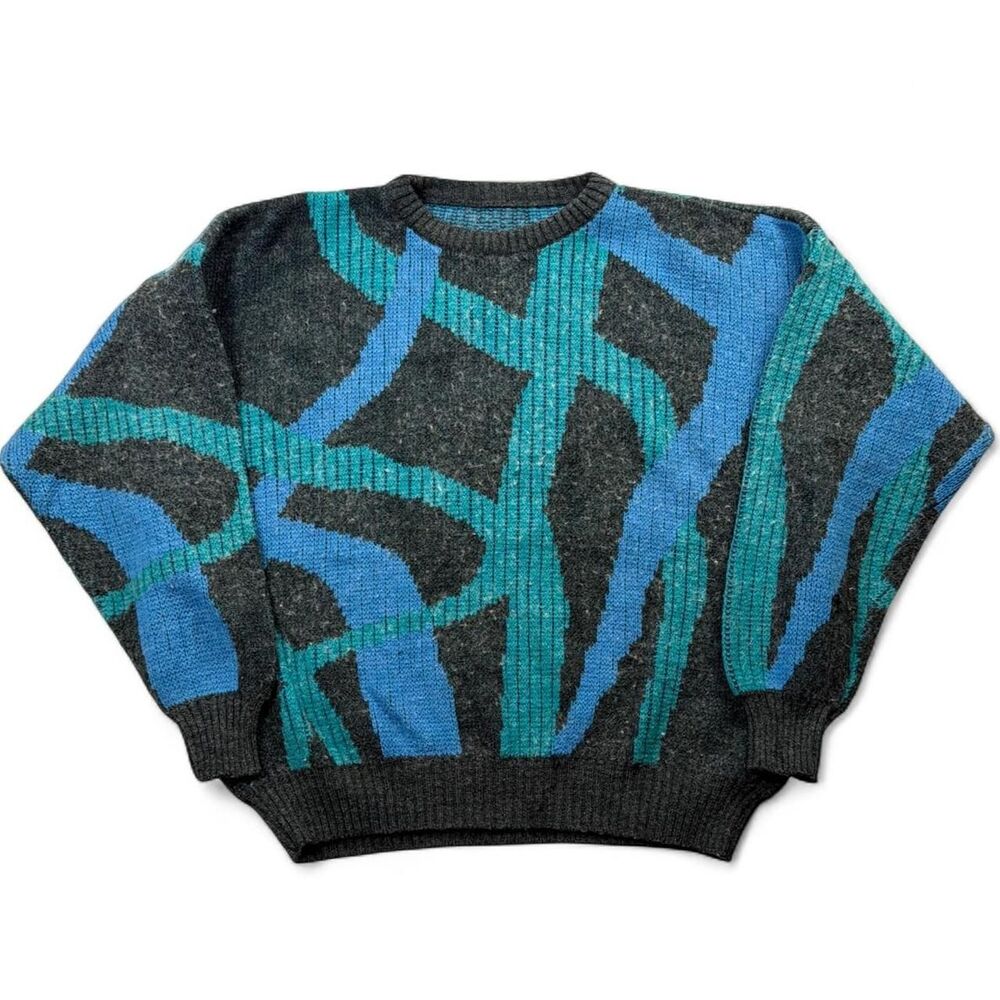 Vintage 1990s Abstract Geometric Sweater Blue Teal Black Knit Crewneck Sz L